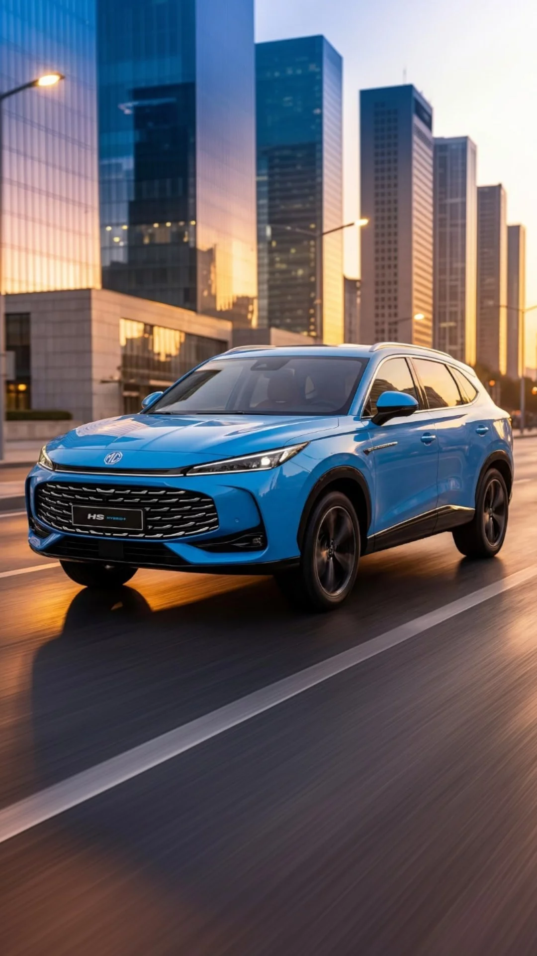 Light Blue MG HS Hybrid+ driving through a city showing fuel efficiency consumption level