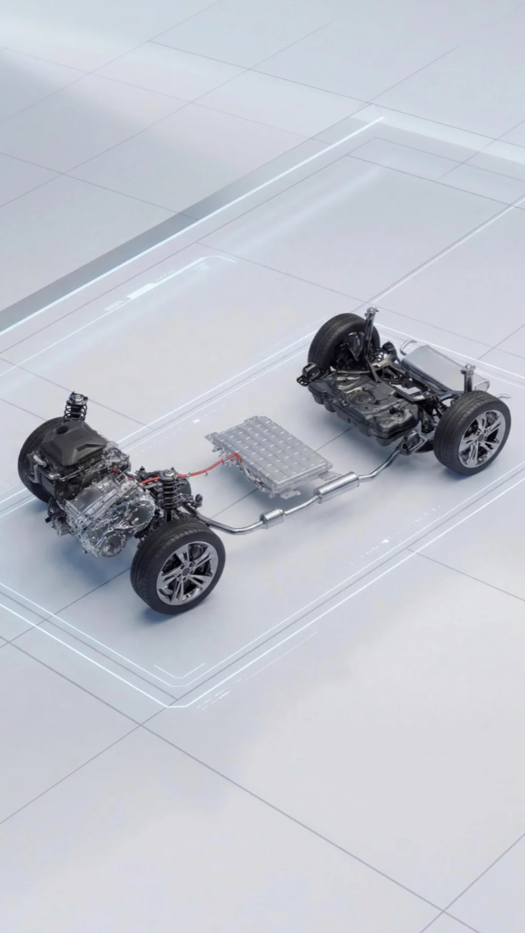 Illustration of the MG HS Hybrid+ intelligent hybrid architecture and chassis