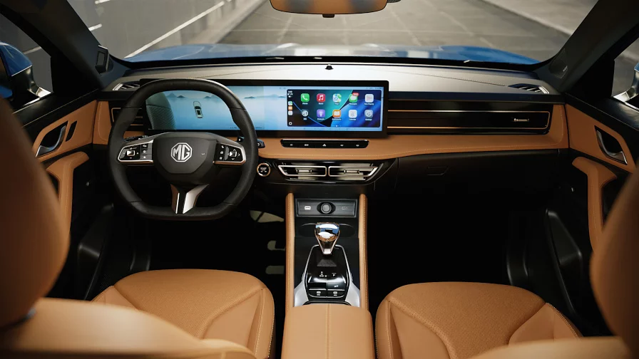 Interior of MG HS Hybrid+ with tan leather seats and dual digital displays
