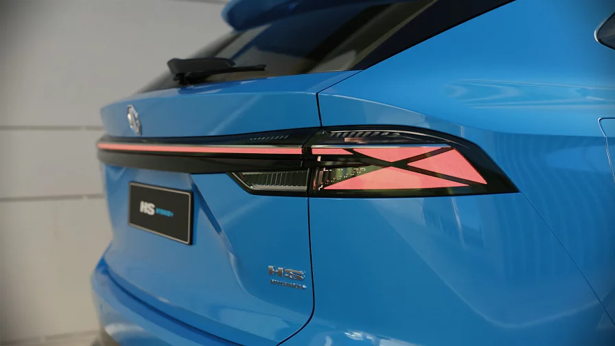 Rear view of MG HS Hybrid+ showing the logo and signature LED taillights