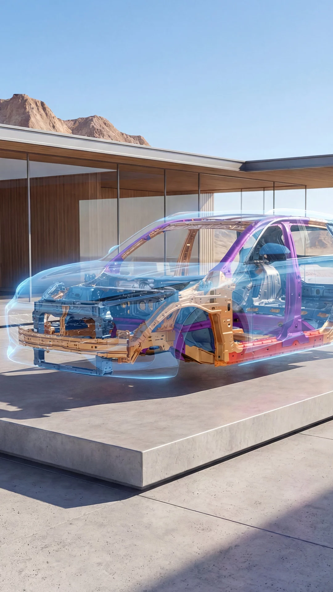 Transparent X-ray view of the MG HS Hybrid+ showing its multi-color high-strength steel safety cell