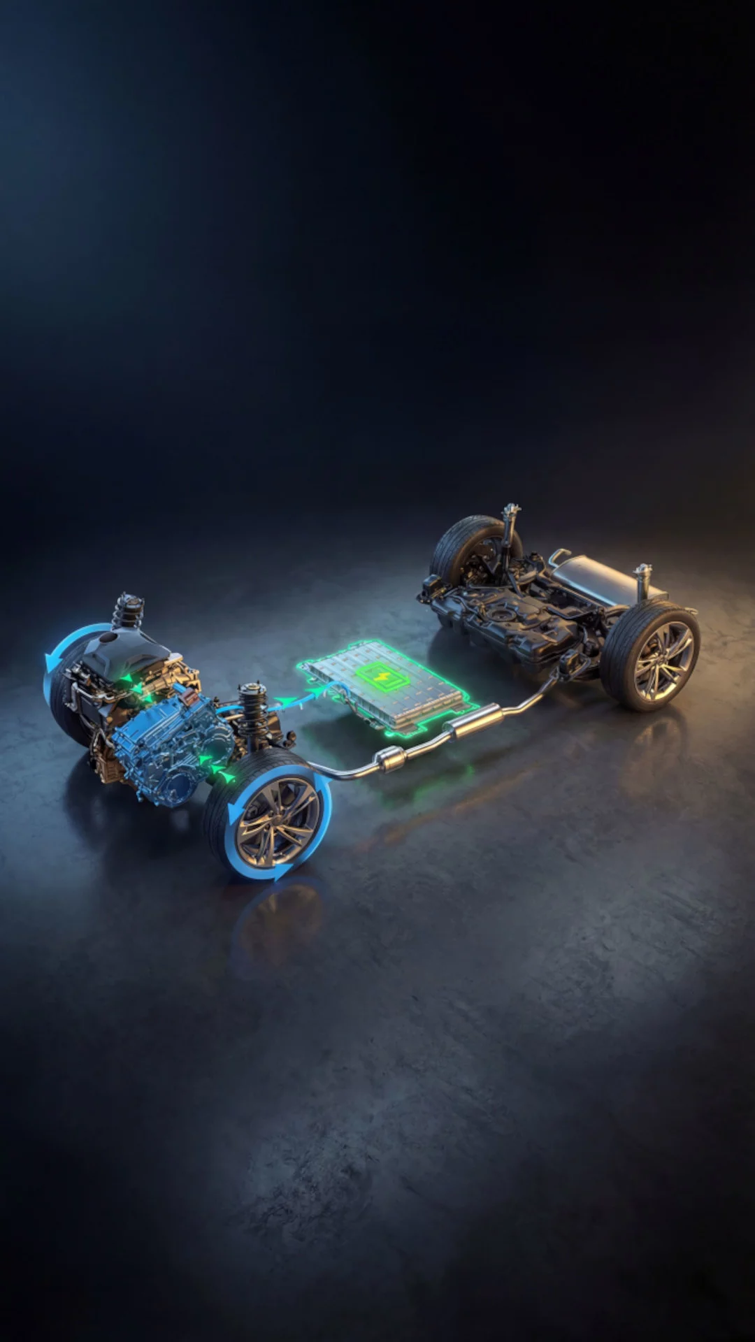 Detailed view of the MG HS Hybrid+ powertrain with highlighted battery and engine components