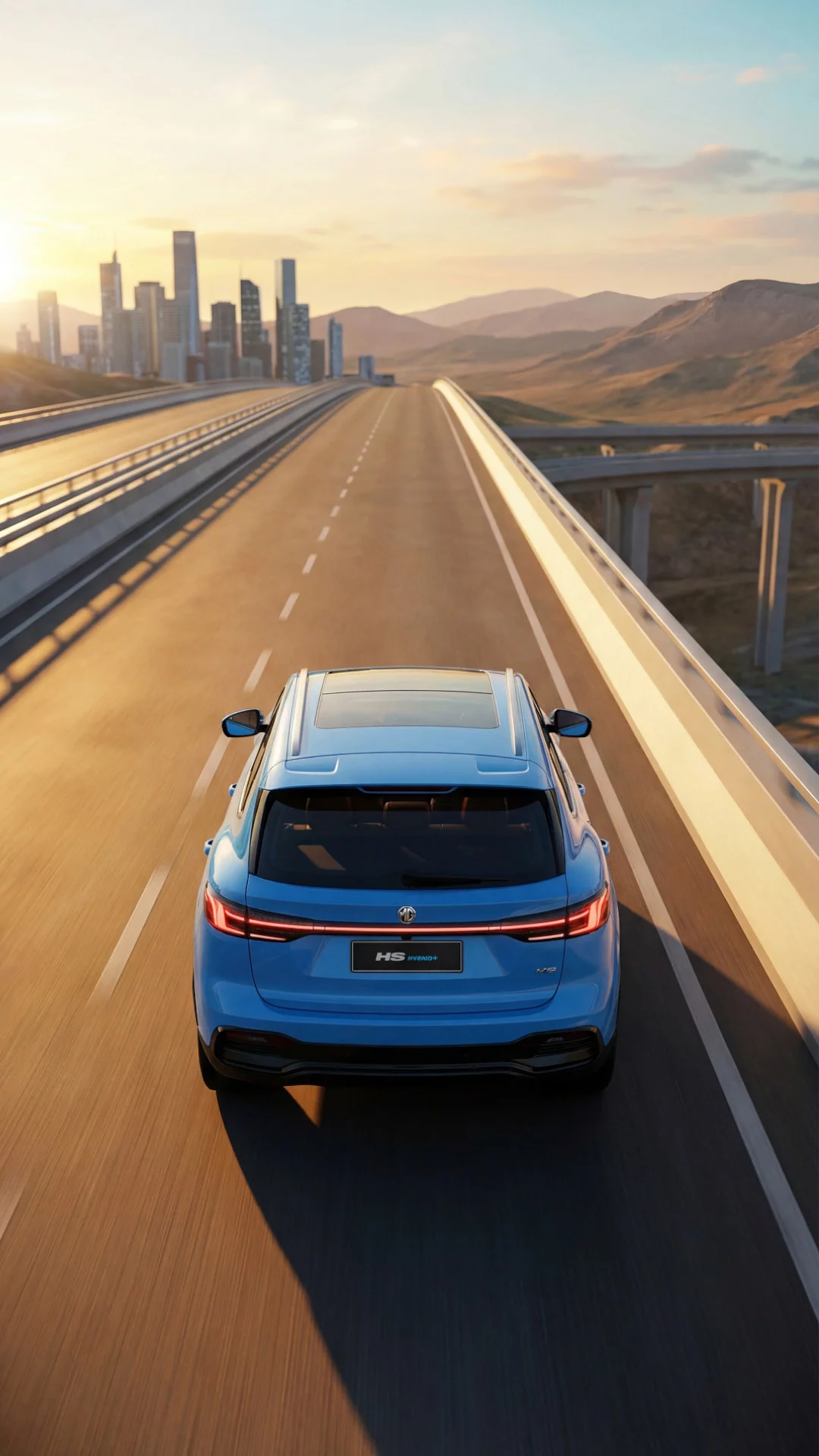 Rear view of Light Blue MG HS Hybrid+ driving on a highway at sunset