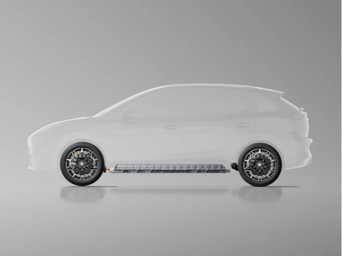 Side view of an electric car with a slim battery pack integrated between the axles